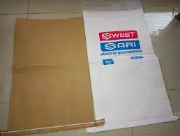 White and brown paper sack woven laminated, chemical paper bag