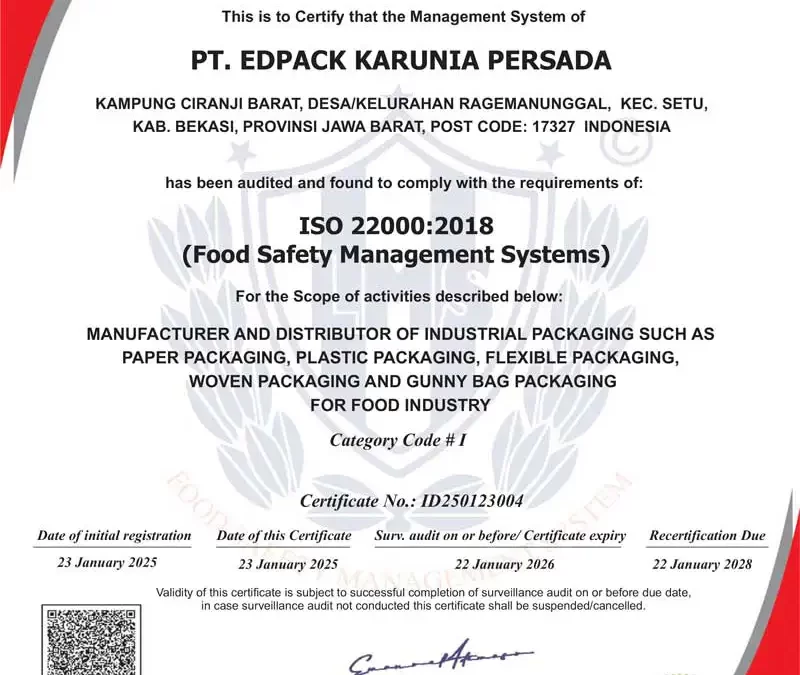 Sertifikat ISO 22000-2018 Edpack Karunia Persada