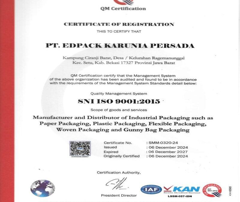 sertifikat usaha, Sertifikat ISO 9001 2015 PT. Edpack Karunia Persada size 70