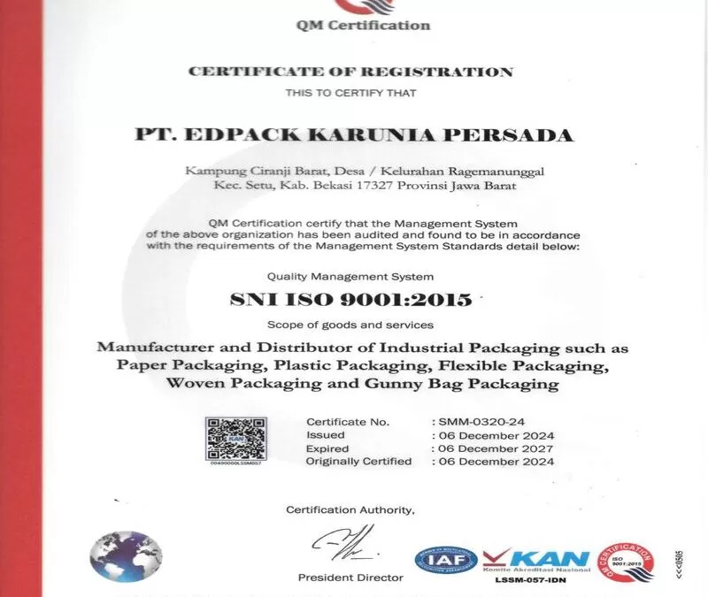 sertifikat usaha, Sertifikat ISO 9001 2015 PT. Edpack Karunia Persada size 70