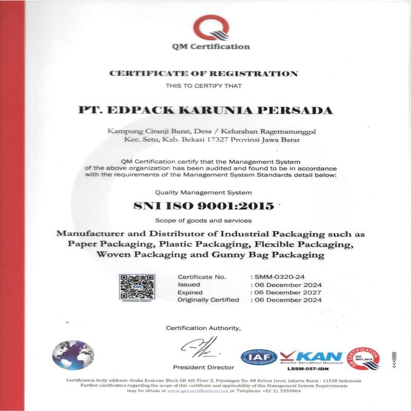 sertifikat usaha, Sertifikat ISO 9001 2015 PT. Edpack Karunia Persada size 70