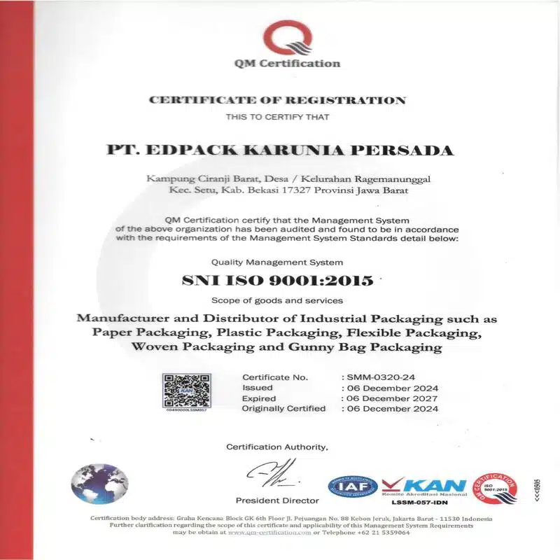Sertifikat ISO 9001 2015 PT. Edpack Karunia Persada size 70 sertifikat usaha, Sertifikat ISO 9001 2015 PT. Edpack Karunia Persada size 70