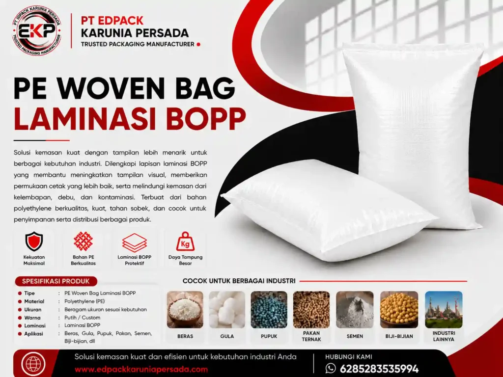 Karung Woven PE: Memahami Struktur, Fungsi, Jenis, dan Aplikasinya dalam Kemasan Industri! 3 karung woven pe - pe woven bag laminasi bopp - edpack karunia persada